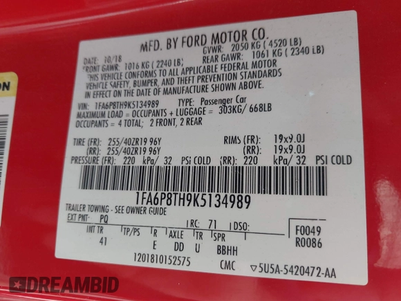 2019 Ford Mustang EcoBoost with VIN 1FA6P8TH9K5134989, listed as a IAAI auction lot 42308232 with 87,138 mi miles and . Bid and sale history available at DreamBid. Image 9.