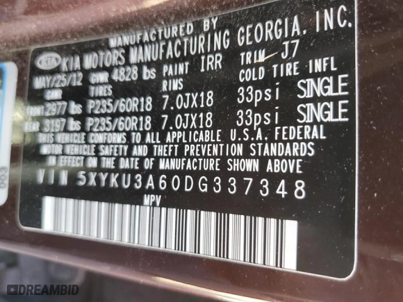 2013 Kia Sorento EX with VIN 5XYKU3A60DG337348, listed as a Copart auction lot 46501345 with 155,814 mi miles and Salvage Title. Bid and sale history available at carsss.com. Image 13.