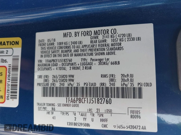 2018 Ford Mustang GT with VIN 1FA6P8CF1J5182760, listed as a IAAI auction lot 42355116 with 68,180 mi miles and . Bid and sale history available at DreamBid. Image 9.