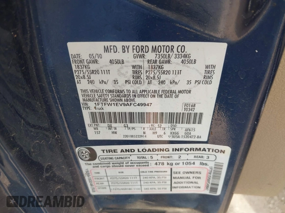 2010 Ford F-150 XL с VIN 1FTFW1EV9AFC49947, выставлен на аукционе IAAI как лот 42655807 с пробегом 255 358 миль миль и . История ставок и продаж доступна на DreamBid. Изображение 9.