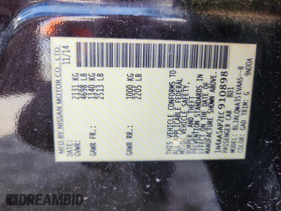 2014 Nissan Maxima S z VIN 1N4AA5AP2EC910898, wystawiony jako Copart lot #62832735 z przebiegiem 86 857 mil mil oraz Szkoda całkowita • Salvage title. Historia ofert i sprzedaży dostępna na DreamBid. Obrazek 12.