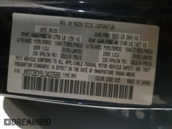 2020 Mazda CX-9 Grand Touring with VIN JM3TCBDY5L0422986, listed as a Copart auction lot 48122355 with 47,898 mi miles and Salvage Title. Bid and sale history available at DreamBid. Image 13.