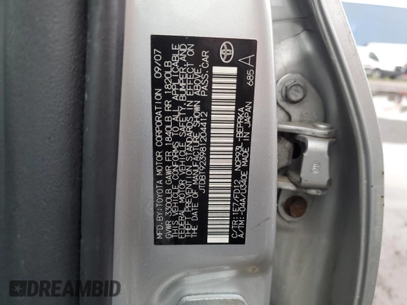2008 Toyota Yaris with VIN JTDBT923981204412, listed as a Copart auction lot 60044655 with 194,098 mi miles and Clean title. Bid and sale history available at DreamBid. Image 12.