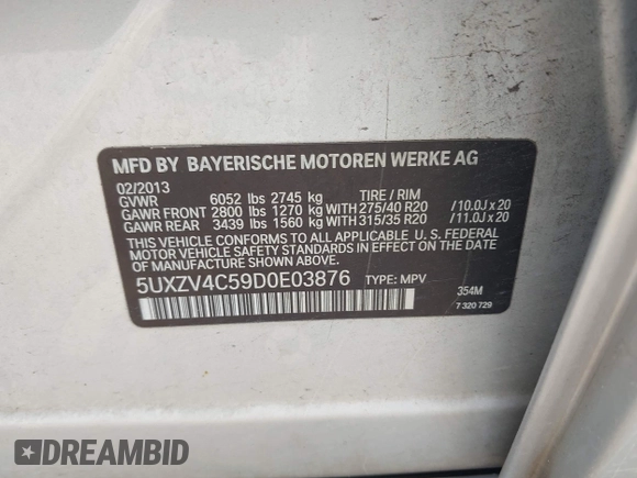 2013 BMW X5 xDrive35i z VIN 5UXZV4C59D0E03876, wystawiony jako IAAI lot #42214184 z przebiegiem 127 480 mil mil oraz . Historia ofert i sprzedaży dostępna na DreamBid. Obrazek 9.