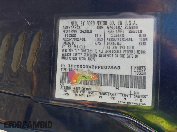 1993 Ford Ranger STX z VIN 1FTCR14X2PPB07360, wystawiony jako IAAI lot #41862094 z przebiegiem 18 937 mil mil oraz . Historia ofert i sprzedaży dostępna na DreamBid. Obrazek 9.