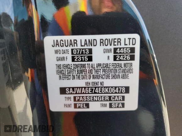 2014 Jaguar F-Type V6 with VIN SAJWA6E74E8K06478, listed as a Copart auction lot 76975894 with Not Provided miles and Salvage Title. Bid and sale history available at DreamBid. Image 13.