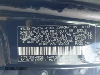 2013 Toyota Prius One with VIN JTDKDTB36D1034028, listed as a IAAI auction lot 42172387 with 245,325 mi miles and . Bid and sale history available at DreamBid. Image 9.