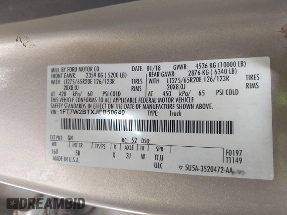 2018 Ford F-250 XL with VIN 1FT7W2BTXJEB50640, listed as a IAAI auction lot 42388061 with 274,829 mi miles and . Bid and sale history available at DreamBid. Image 9.
