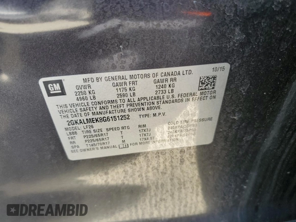 2016 GMC Terrain SLE with VIN 2GKALMEK8G6151252, listed as a Copart auction lot 52784075 with 51,523 mi miles and Salvage Title. Bid and sale history available at DreamBid. Image 16.