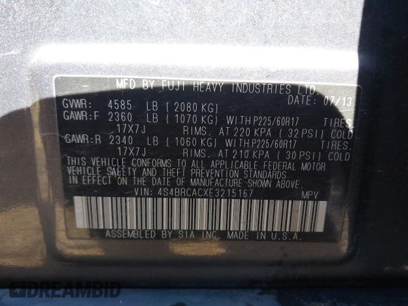 2014 Subaru Outback 2.5i with VIN 4S4BRCACXE3215167, listed as a IAAI auction lot 42117109 with 123,420 mi miles. Bid and sale history available at carsss.com. Image 9.