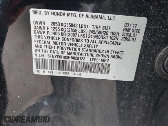 2017 Honda Pilot Touring with VIN 5FNYF6H93HB028122, listed as a IAAI auction lot 42130116 with 109,318 mi miles and . Bid and sale history available at DreamBid. Image 9.