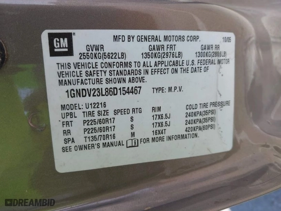 2006 Chevrolet Uplander LS Fleet with VIN 1GNDV23L86D154467, listed as a IAAI auction lot 41949976 with 123,758 mi miles. Bid and sale history available at carsss.com. Image 9.