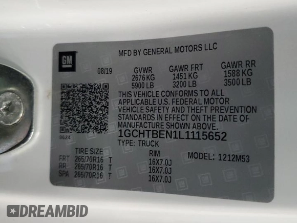 2020 Chevrolet Colorado 4WD Work Truck z VIN 1GCHTBEN1L1115652, wystawiony jako Copart lot #44711035 z przebiegiem 14 861 mil mil oraz Szkoda całkowita • Salvage title. Historia ofert i sprzedaży dostępna na DreamBid. Obrazek 14.