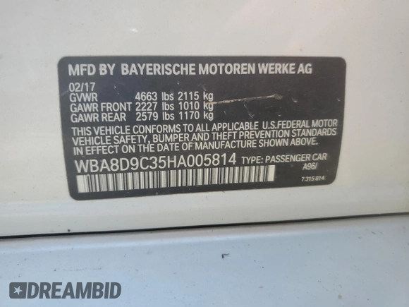 2017 BMW 3 Series 330i xDrive with VIN WBA8D9C35HA005814, listed as a Copart auction lot 56299215 with 100,855 mi miles and Salvage title. Bid and sale history available at DreamBid. Image 12.