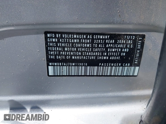 2013 Volkswagen Golf w/Conv with VIN WVWDB7AJ7DW119016, listed as a IAAI auction lot 42772953 with 190,799 mi miles and . Bid and sale history available at DreamBid. Image 9.