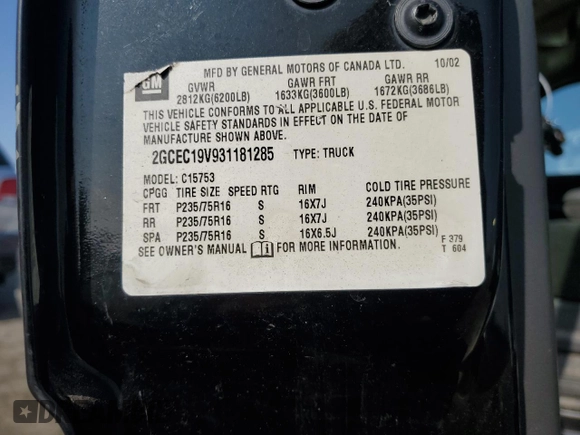 2003 Chevrolet Silverado 1500 with VIN 2GCEC19V931181285, listed as a Copart auction lot 83493754 with 0 mi miles and Clean Title. Bid and sale history available at carsss.com. Image 12.
