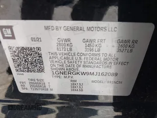 2021 Chevrolet Traverse LT Cloth with VIN 1GNERGKW9MJ162089, listed as a IAAI auction lot 41944248 with 99,586 mi miles. Bid and sale history available at carsss.com. Image 9.