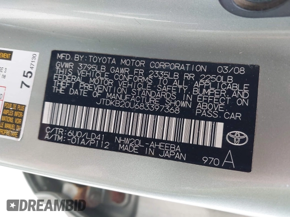 2008 Toyota Prius with VIN JTDKB20U683397368, listed as a IAAI auction lot 42069788 with 119,411 mi miles and . Bid and sale history available at carsss.com. Image 9.