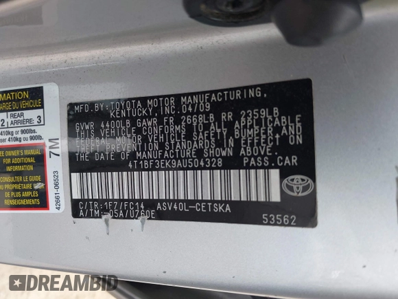 2010 Toyota Camry with VIN 4T1BF3EK9AU504328, listed as a IAAI auction lot 42117200 with 145,607 mi miles and . Bid and sale history available at DreamBid. Image 9.