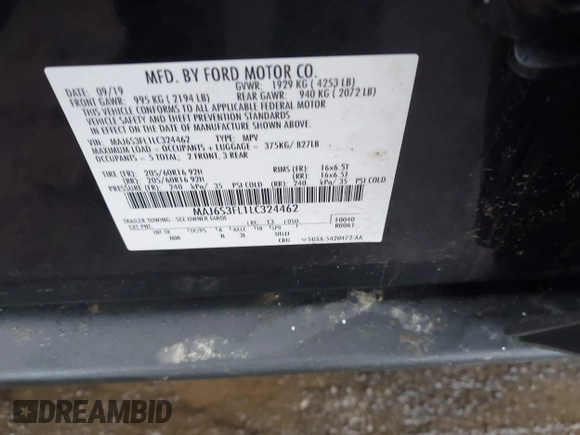 2020 Ford EcoSport S with VIN MAJ6S3FL1LC324462, listed as a IAAI auction lot 41795813 with 18,628 mi miles and . Bid and sale history available at DreamBid. Image 9.