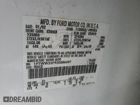 2002 Ford F-350 XL z VIN 1FTWW33F92EB86007, wystawiony jako Copart lot #78809064 z przebiegiem Nie podano mil oraz Szkoda całkowita • Salvage title. Historia ofert i sprzedaży dostępna na DreamBid. Obrazek 12.
