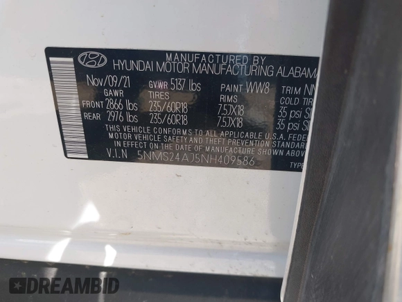 2022 Hyundai Santa Fe SEL with VIN 5NMS24AJ5NH409586, listed as a IAAI auction lot 41996024 with 65,555 mi miles and . Bid and sale history available at DreamBid. Image 9.