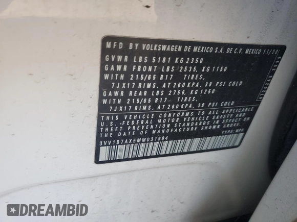 2021 Volkswagen Tiguan S with VIN 3VV1B7AX5MM031994, listed as a Copart auction lot 55471875 with 105,268 mi miles and Clean Title. Bid and sale history available at DreamBid. Image 13.