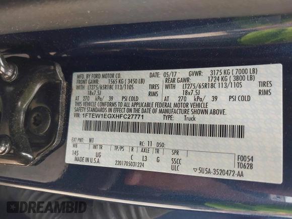 2017 Ford F-150 XL z VIN 1FTEW1EGXHFC27771, wystawiony jako IAAI lot #42412676 z przebiegiem 67 873 mil mil oraz . Historia ofert i sprzedaży dostępna na DreamBid. Obrazek 9.