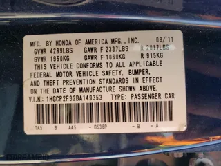2011 Honda Accord Sdn LX with VIN 1HGCP2F32BA149353, listed as a Copart auction lot 49816035 with 0 mi miles and Salvage Title. Bid and sale history available at carsss.com. Image 13.