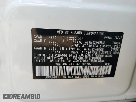 2018 Subaru Outback Touring with VIN 4S4BSETC9J3268787, listed as a Copart auction lot 61550025 with 72,537 mi miles and Salvage title. Bid and sale history available at DreamBid. Image 12.