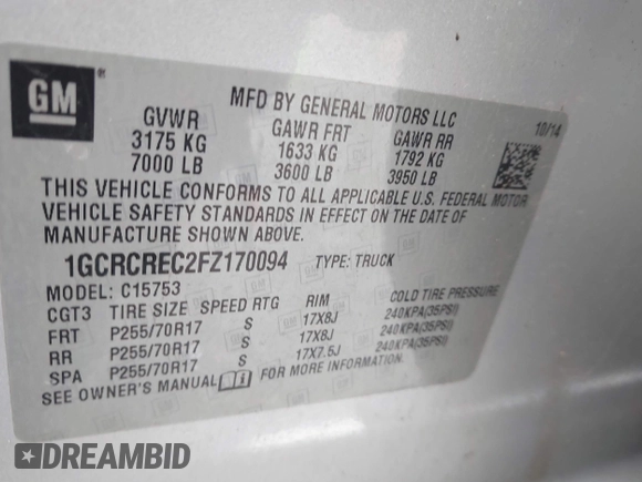 2015 Chevrolet Silverado 1500 LT with VIN 1GCRCREC2FZ170094, listed as a IAAI auction lot 41634824 with 61,686 mi miles. Bid and sale history available at carsss.com. Image 9.