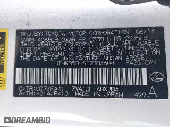 2014 Lexus CT 200h with VIN JTHKD5BH5E2203604, listed as a IAAI auction lot 41372030 with 147,449 mi miles and . Bid and sale history available at DreamBid. Image 9.