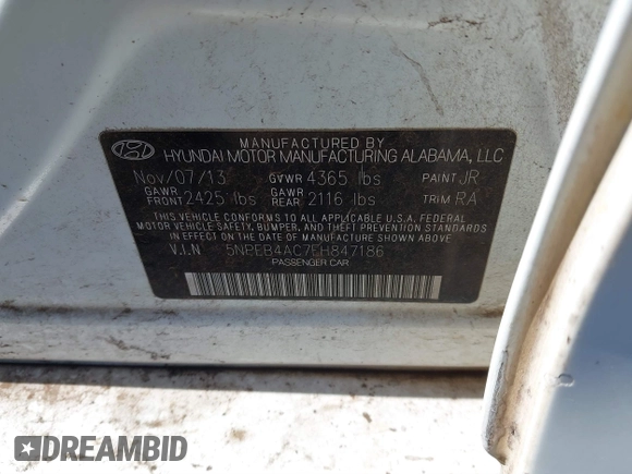 2014 Hyundai Sonata GLS with VIN 5NPEB4AC7EH847186, listed as a IAAI auction lot 41071947 with Not Provided miles and . Bid and sale history available at carsss.com. Image 9.