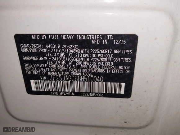 2016 Subaru Forester 2.5i Premium with VIN JF2SJAGC6GH510040, listed as a IAAI auction lot 41178427 with 87,783 mi miles. Bid and sale history available at carsss.com. Image 9.