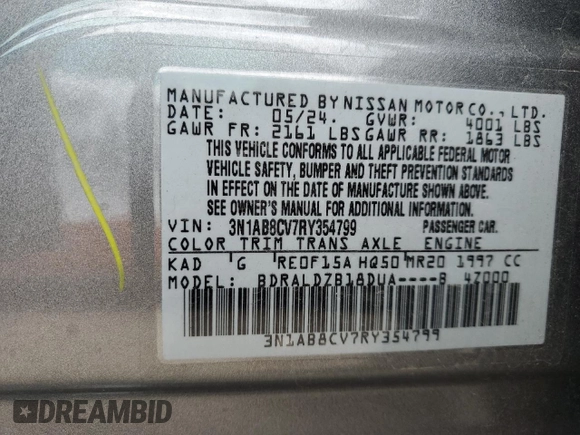2024 Nissan Sentra SV with VIN 3N1AB8CV7RY354799, listed as a Copart auction lot 55519525 with 21,175 mi miles and Clean Title. Bid and sale history available at DreamBid. Image 12.