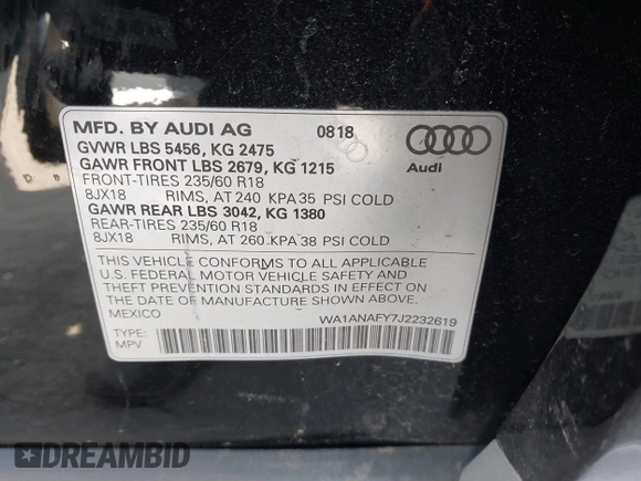 2018 Audi Q5 Premium with VIN WA1ANAFY7J2232619, listed as a IAAI auction lot 42087878 with 39,535 mi miles and . Bid and sale history available at DreamBid. Image 9.