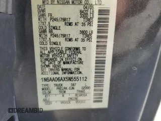 2005 Nissan Titan SE with VIN 1N6AA06AX5N555112, listed as a Copart auction lot 60567975 with 289,585 mi miles and Clean title. Bid and sale history available at DreamBid. Image 12.