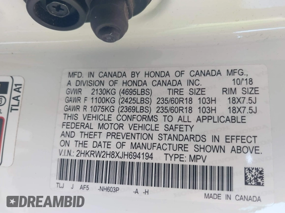 2018 Honda CR-V EX-L with VIN 2HKRW2H8XJH694194, listed as a IAAI auction lot 42083569 with 92,781 mi miles. Bid and sale history available at carsss.com. Image 9.