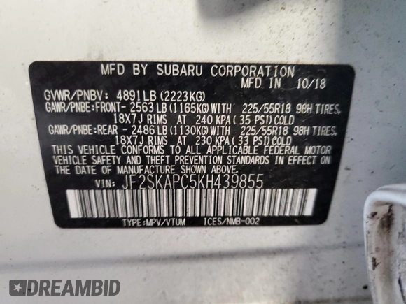 2019 Subaru Forester Sport with VIN JF2SKAPC5KH439855, listed as a Copart auction lot 54047755 with 68,430 mi miles and Salvage Title. Bid and sale history available at carsss.com. Image 14.