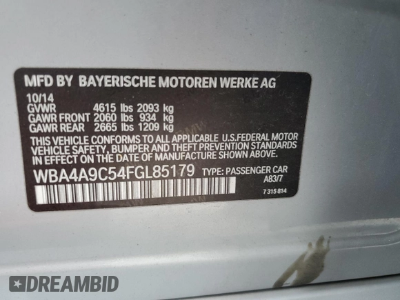 2015 BMW 4 Series 428i with VIN WBA4A9C54FGL85179, listed as a Copart auction lot 82369104 with 118,189 mi miles and Salvage title. Bid and sale history available at DreamBid. Image 14.