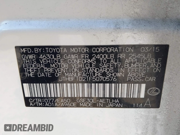 2015 Lexus IS 250 with VIN JTHBF1D21F5070576, listed as a IAAI auction lot 41590004 with 140,224 mi miles and . Bid and sale history available at carsss.com. Image 9.