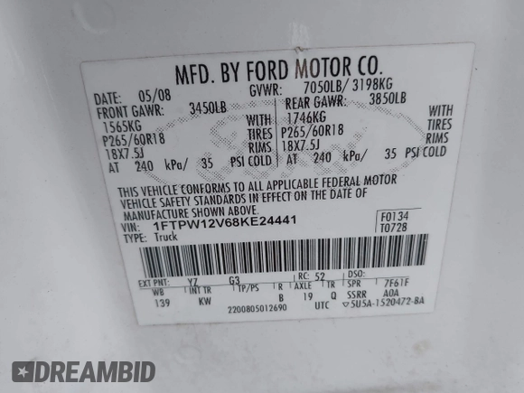 2008 Ford F-150 XLT z VIN 1FTPW12V68KE24441, wystawiony jako IAAI lot #42514607 z przebiegiem 144 484 mil mil oraz . Historia ofert i sprzedaży dostępna na DreamBid. Obrazek 9.