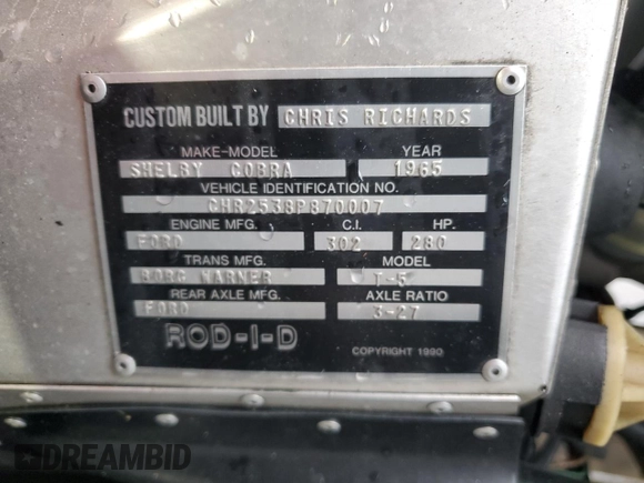 1965 Ford Mustang z VIN CHR2538P870007, wystawiony jako Copart lot #41998005 z przebiegiem 25 925 mil mil oraz Szkoda całkowita • Salvage title. Historia ofert i sprzedaży dostępna na DreamBid. Obrazek 12.