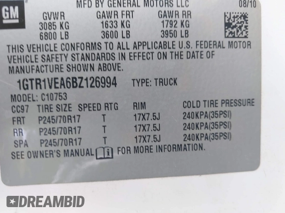 2011 GMC Sierra 1500 with VIN 1GTR1VEA6BZ126994, listed as a IAAI auction lot 40938932 with 248,061 mi miles and . Bid and sale history available at DreamBid. Image 9.