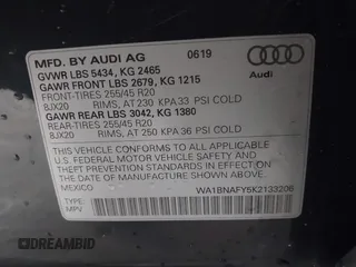 2019 Audi Q5 Premium Plus with VIN WA1BNAFY5K2133206, listed as a IAAI auction lot 42415360 with 35,153 mi miles and . Bid and sale history available at DreamBid. Image 9.