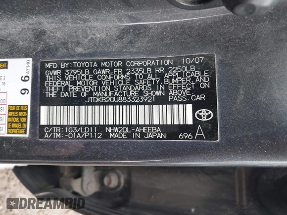 2008 Toyota Prius with VIN JTDKB20U883323921, listed as a IAAI auction lot 41635358 with 93,509 mi miles. Bid and sale history available at carsss.com. Image 9.