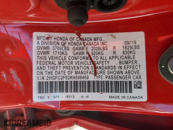2019 Honda Civic Sedan LX with VIN 2HGFC2F62KH598469, listed as a Copart auction lot 49850515 with 74,192 mi miles and Salvage Title. Bid and sale history available at carsss.com. Image 12.