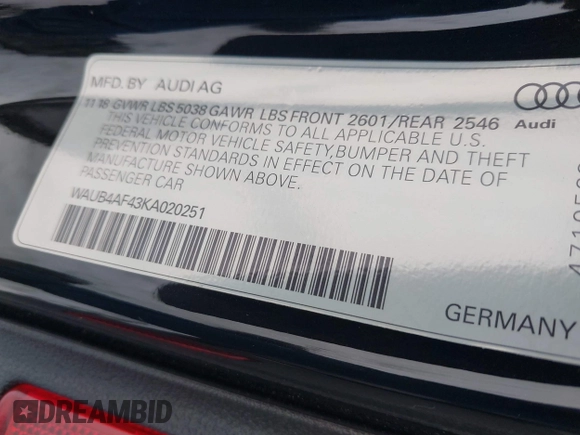 2019 Audi S4 Premium Plus z VIN WAUB4AF43KA020251, wystawiony jako IAAI lot #41562862 z przebiegiem 44 897 mil mil oraz . Historia ofert i sprzedaży dostępna na DreamBid. Obrazek 9.