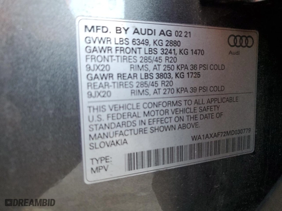 2021 Audi Q7 Premium with VIN WA1AXAF72MD030779, listed as a Copart auction lot 80773073 with 0 mi miles. Bid and sale history available at carsss.com. Image 12.