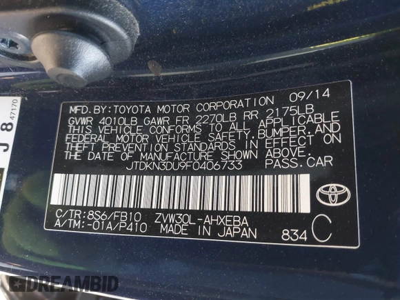 2015 Toyota Prius Four with VIN JTDKN3DU9F0406733, listed as a IAAI auction lot 41841006 with 158,013 mi miles. Bid and sale history available at carsss.com. Image 9.